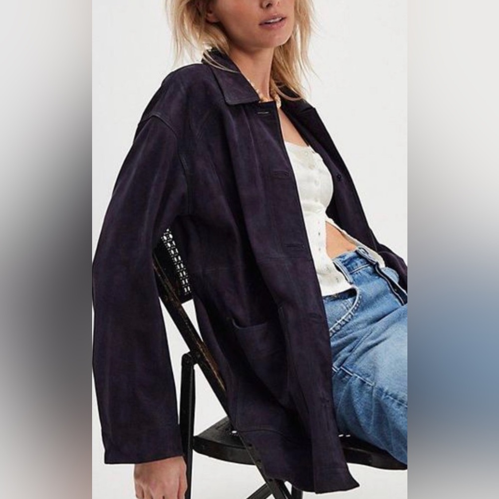 Free People Large Annalise Navy Suede Shirt Jacket Brand New with Tags